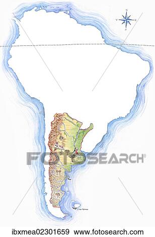 Highly detailed hand-drawn map of Argentina within the outline of South America with a compass rose and the equator View Large Photo Image Stock Photo - Highly detailed hand-drawn map of Argentina within the outline of South America with a compass rose and the equator. Fotosearch
