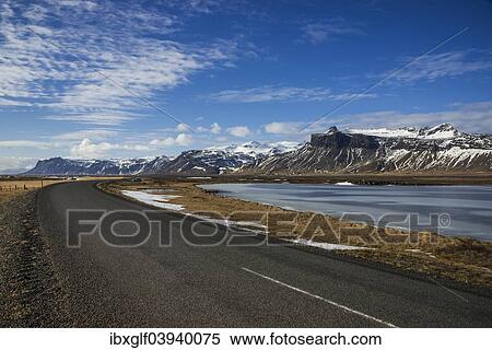 "Highway, Snaeffesnessvegur, mountains and a frozen lake, Snaefellsness Peninsula, Western Region, Vesturland, Iceland, Europe" View Large Photo Image Stock Photography - "Highway, Snaeffesnessvegur, mountains and a frozen lake, Snaefellsness Peninsula, Western Region, Vesturland, Iceland, Europe". Fotosearch