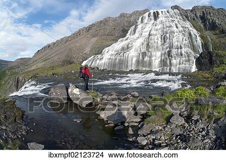"Hiker at Dynjandifoss or Fjallfoss Waterfall, Westfjords, Iceland, Europe" View Large Photo Image Picture - "Hiker at Dynjandifoss or Fjallfoss Waterfall, Westfjords, Iceland, Europe". Fotosearch