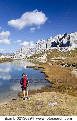 "Hiker at the Boedenseen lakes, Einser Mountain on the right, Croda Rossa di Sesto Mountain at the rear, Sesto, Alta Pusteria, Dolomites, Alto Adige, Italy, Europe" View Large Photo Image Picture - "Hiker at the Boedenseen lakes, Einser Mountain on the right, Croda Rossa di Sesto Mountain at the rear, Sesto, Alta Pusteria, Dolomites, Alto Adige, Italy, Europe". Fotosearch
