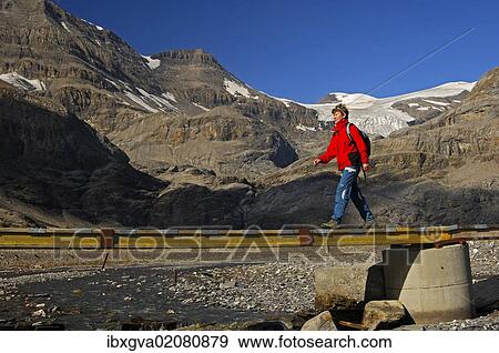 "Hiker crossing a bridge over the Laemmerenbach stream, Laemmerboden plateau in front of the Wildstrubel Glacier, Bernese Alps, Switzerland, Europe" View Large Photo Image Stock Photo - "Hiker crossing a bridge over the Laemmerenbach stream, Laemmerboden plateau in front of the Wildstrubel Glacier, Bernese Alps, Switzerland, Europe". Fotosearch