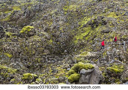 Stock Image - "Hikers in the Landmannalaugar region, Suourland, Southern Region, Iceland, Europe". Fotosearch