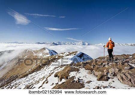 Picture - "Hikers on Grosser Laugenspitze Mountain above Laugenalm alpine pasture, looking towards the Val d'Ultimo Mountains, Gampen Pass, Alto Adige, Italy, Europe". Fotosearch
