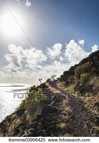 Stock Photography - "Hiking trail above the sea, coastal cliffs, La Palma, Canary Islands, Spain, Europe". Fotosearch