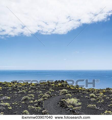 Stock Image - "Hiking trail through a lava landscape, Southern Cape, Punta de Fuencaliente, La Palma, Canary Islands, Spain, Europe". Fotosearch