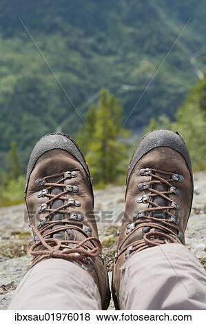 Stock Photo - "Hiking, trekking, pair of hiking boots, Lardalstigen near Dalen, Lardalstigen, Telemark, Norway, Scandinavia, Northern Europe, Europe". Fotosearch