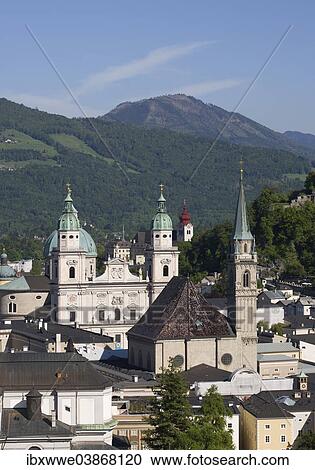 Stock Image - "Historic centre, Franciscan Church, Salzburg Cathedral, as seen from Monchsberg, Salzburg, Austria, Europe". Fotosearch