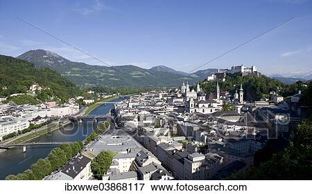 Stock Photo - "Historic centre, Gaisberg, Salzach River, Hohensalzburg Fortress, as seen from Monchsberg, Salzburg, Austria, Europe". Fotosearch