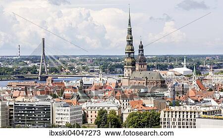 Stock Image - "Historic centre with St. Peter's Church, Cathedral, Vansu-Bridge, Riga, Latvia, Europe". Fotosearch