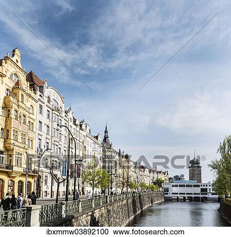 Stock Image - "Historic facades on the Vltava River, historic centre, Prague, Czech Republic, Europe". Fotosearch