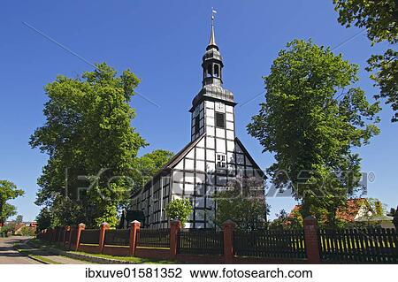 Stock Image - "Historic timber-framed church in Ahlbeck, Ahlbecker Dorfkirche, build in 1754, Ahlbeck, Uecker-Randow district, Mecklenburg-Western-Pomerania, Germany, Europe". Fotosearch