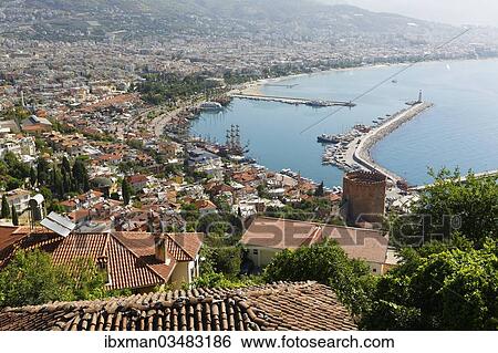 "Historic town centre of Alanya with the port and Kizil Kule or Red Tower, view from Castle Hill, Alanya, Turkish Riviera, Province of Antalya, Mediterranean Region, Turkey, Asia" View Large Photo Image Stock Photograph - "Historic town centre of Alanya with the port and Kizil Kule or Red Tower, view from Castle Hill, Alanya, Turkish Riviera, Province of Antalya, Mediterranean Region, Turkey, Asia". Fotosearch