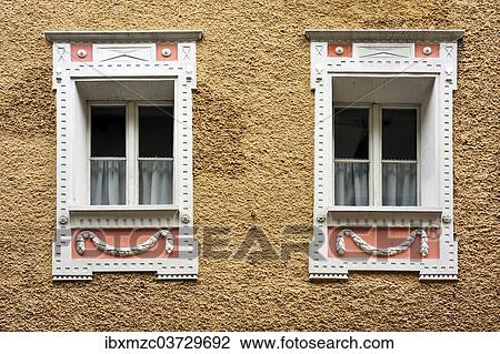 Stock Image - "Historic windows, Berchtesgaden, Berchtesgadener Land District, Upper Bavaria, Bavaria, Germany, Europe". Fotosearch