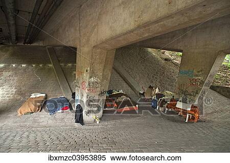 Stock Photography - "Homeless' kip under a bridge, Nuremberg, Middle Franconia, Bavaria, Germany, Europe". Fotosearch