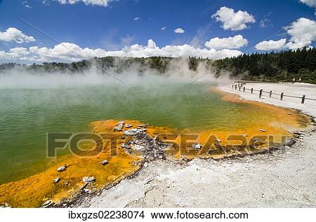 Picture - "Hot springs at Rororua, Champagne Pool, hot spring in the Waiotapu geothermal area, Waiotapu Geothermal Wonderland, Rotorua, North Island, New Zealand, Oceania". Fotosearch