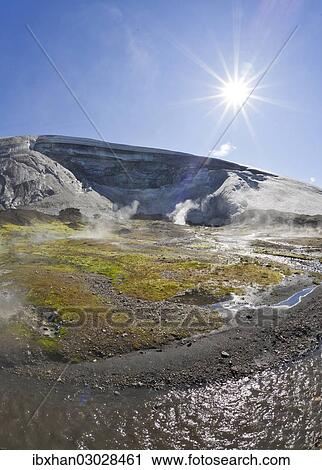 Stock Image - "Hot springs in front of the Ishellir ice cave, Hrafntinnusker, Landmannalaugar, Iceland, Europe". Fotosearch