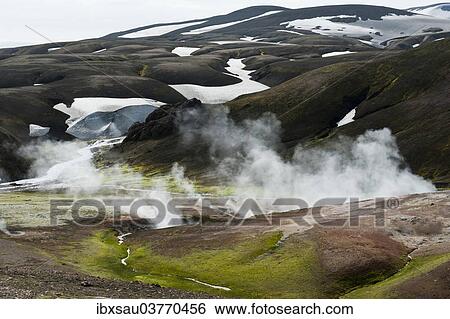 "Hot springs, steam, traces of snow, geothermal area of Storihver, Laugavegur trekking route, Landmannalaugar, Highlands, Suourland, Iceland, Europe" View Large Photo Image Stock Photograph - "Hot springs, steam, traces of snow, geothermal area of Storihver, Laugavegur trekking route, Landmannalaugar, Highlands, Suourland, Iceland, Europe". Fotosearch