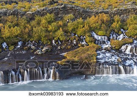 "Hraunfossar, waterfalls of the Hvita river in autumn, near Husafell and Reykholt, Iceland, Europe" View Large Photo Image Stock Image - "Hraunfossar, waterfalls of the Hvita river in autumn, near Husafell and Reykholt, Iceland, Europe". Fotosearch