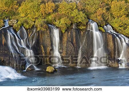 "Hraunfossar, waterfalls of the Hvita river in autumn, near Husafell and Reykholt, Iceland, Europe" View Large Photo Image Stock Photo - "Hraunfossar, waterfalls of the Hvita river in autumn, near Husafell and Reykholt, Iceland, Europe". Fotosearch
