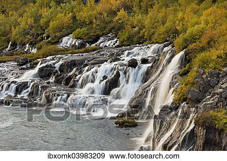 "Hraunfossar, waterfalls of the Hvita river in autumn, near Husafell and Reykholt, Iceland, Europe" View Large Photo Image Stock Photo - "Hraunfossar, waterfalls of the Hvita river in autumn, near Husafell and Reykholt, Iceland, Europe". Fotosearch