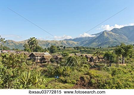Stock Photography - "Huts in the village of the Antandroy people, mountainous landscape, near Fort-Dauphin or Tolagnaro, Madagascar, Africa". Fotosearch