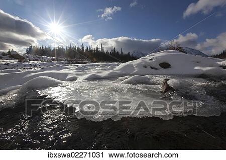 Stock Image - "Ice, snow and water at freezing Quill Creek, St. Elias Mountains, Kluane Range behind, Kluane National Park and Reserve, Yukon Territory, Canada, North America". Fotosearch