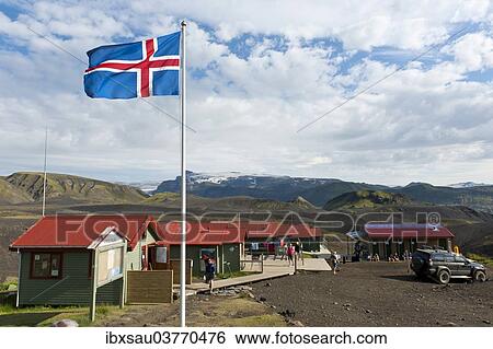 Stock Photograph - "Icelandic National Flag, Emstrur - Botnar Hut at the Laugavegur hiking trail, Rangarping ytra, Iceland, Scandinavia, Europe". Fotosearch