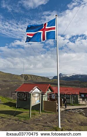 "Icelandic National Flag, Emstrur - Botnar Hut at the Laugavegur hiking trail, Rangarping ytra, Iceland, Scandinavia, Europe" View Large Photo Image Stock Photography - "Icelandic National Flag, Emstrur - Botnar Hut at the Laugavegur hiking trail, Rangarping ytra, Iceland, Scandinavia, Europe". Fotosearch