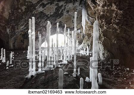 Stock Image - "Icicles in Oswaldhoehle cave near Muggendorf, Wiesenttal Valley, Franconian Switzerland, Upper Franconia, Franconia, Bavaria, Germany, Europe". Fotosearch