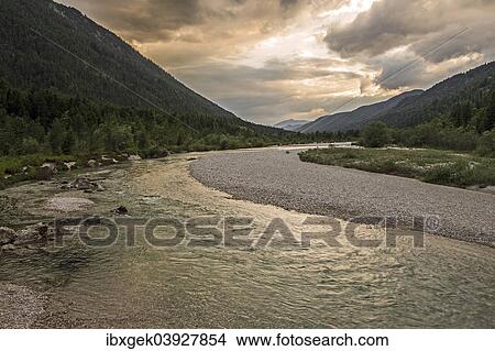 Picture - "Isar at Vorderriss, mountains near Wallgau at the back, Fall, Lenggries, Upper Bavaria, Bavaria, Germany, Europe". Fotosearch
