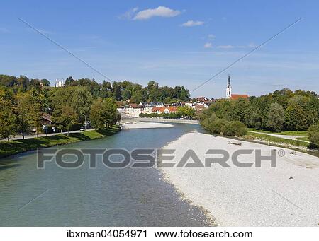 Stock Image - "Isar river, left Calvary hill with Holy Cross Church, right Parish Church of the Assumption, Bad Tolz, Isarwinkel, Upper Bavaria, Bavaria, Germany, Europe". Fotosearch