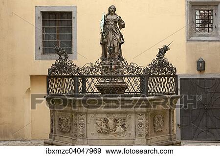"Justitiabrunnen fountain with the sculpture of the goddess of love, from 1661, designed by Leoprand Hilmer, Justitia-Hof square, Regensburg, Upper Palatinate, Bavaria, Germany, Europe" View Large Photo Image Stock Photo - "Justitiabrunnen fountain with the sculpture of the goddess of love, from 1661, designed by Leoprand Hilmer, Justitia-Hof square, Regensburg, Upper Palatinate, Bavaria, Germany, Europe". Fotosearch