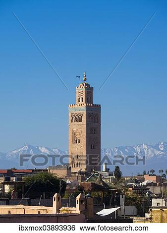 "Koutoubia mosque with a minaret from the Almohad period, largest mosque in Marrakech, from 1158, historic Medina, Atlas Mountains at the back, Marrakech, Marrakech-Tensift-Al Haouz, Morocco, Africa" View Large Photo Image Stock Photograph - "Koutoubia mosque with a minaret from the Almohad period, largest mosque in Marrakech, from 1158, historic Medina, Atlas Mountains at the back, Marrakech, Marrakech-Tensift-Al Haouz, Morocco, Africa". Fotosearch
