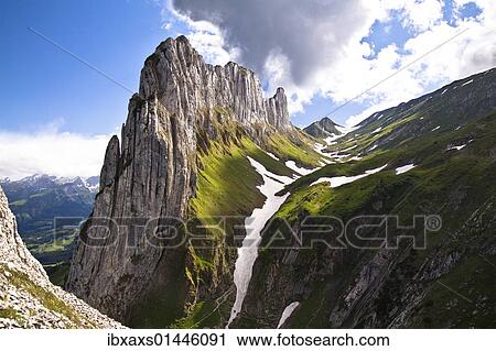 "Kreuzberge, mountain range on the eastern edge of the Alpsteingebirge mountains, in the back Mt. Mutschen, left the Rheintal valley, Canton Appenzell Innerrhoden, Switzerland, Europe" View Large Photo Image Stock Image - "Kreuzberge, mountain range on the eastern edge of the Alpsteingebirge mountains, in the back Mt. Mutschen, left the Rheintal valley, Canton Appenzell Innerrhoden, Switzerland, Europe". Fotosearch
