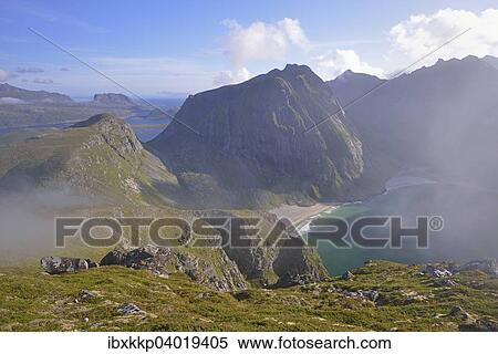 Stock Photography - "Kvalvika Beach from the mountain Ryten, Moskenesoy Island, Lofoten, Norway, Europe". Fotosearch