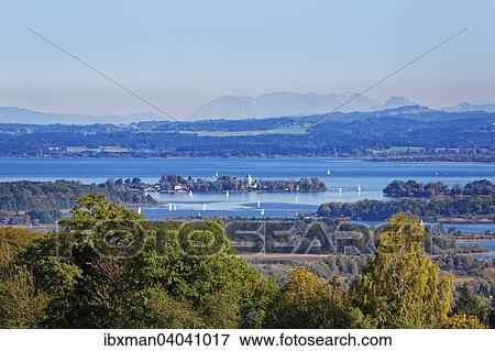 "Lake Chiemsee with Fraueninsel island, view from Ratzinger Hohe, Chiemgau, foothills, Upper Bavaria, Bavaria, Germany, Europe" View Large Photo Image Stock Photo - "Lake Chiemsee with Fraueninsel island, view from Ratzinger Hohe, Chiemgau, foothills, Upper Bavaria, Bavaria, Germany, Europe". Fotosearch
