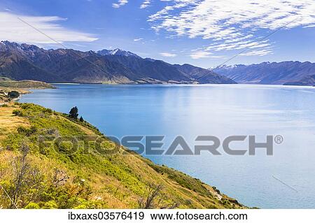Stock Photo - "Lake Hawea with views of the Hunter Valley, The Neck, Otago Region, New Zealand, Oceania". Fotosearch