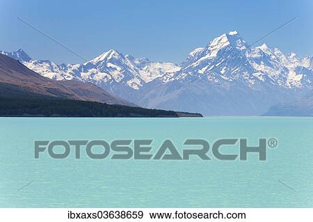 "Lake Pukaki, Aoraki or Mount Cook behind, 3754m, Lake Pukaki, Pukaki, Canterbury Region, New Zealand, Oceania" View Large Photo Image Stock Photo - "Lake Pukaki, Aoraki or Mount Cook behind, 3754m, Lake Pukaki, Pukaki, Canterbury Region, New Zealand, Oceania". Fotosearch