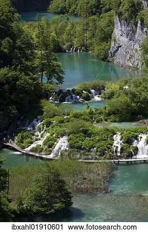 Stock Image - "Lake with boardwalk, Plitvice Lakes National Park, UNESCO World Heritage Site, Croatia, Europe". Fotosearch
