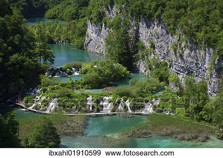 Stock Photo - "Lake with boardwalk, Plitvice Lakes National Park, UNESCO World Heritage Site, Croatia, Europe". Fotosearch