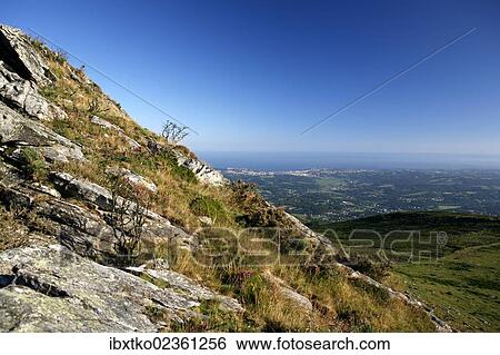 Stock Photograph - "Landscape at La Rhune Mountain, overlooking the Atlantic Ocean and Saint-Jean-de-Luz, in Basque, Donibane Lohizune, Basque Country, Pyrenees, Aquitaine region, department of Pyrenees-Atlantiques, France, Europe". Fotosearch