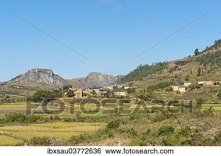 Stock Photograph - "Landscape, village of the Betsileo people with terraced rice paddies, rocky mountains, Anja-Park near Ambalavao, Madagascar, Africa". Fotosearch