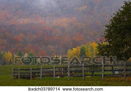 Picture - "Landscape with fence on foggy morning in late autumn, Iron Hill, Eastern Townships, Quebec, Canada, North America". Fotosearch