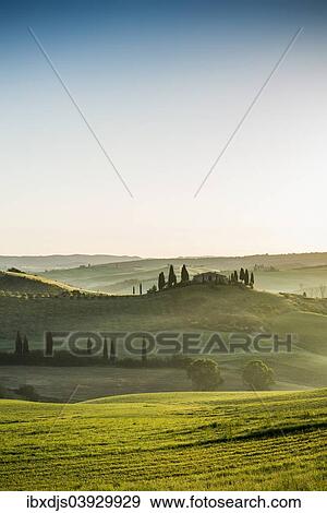 "Landscape with hills and farmstead with cypress trees, morning light, Val d'Orcia, UNESCO World Heritage Site, near San Quirico d'Orcia, Province of Siena, Tuscany, Italy, Europe" View Large Photo Image Stock Photo - "Landscape with hills and farmstead with cypress trees, morning light, Val d'Orcia, UNESCO World Heritage Site, near San Quirico d'Orcia, Province of Siena, Tuscany, Italy, Europe". Fotosearch