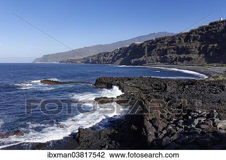 Stock Image - "Lava beach, Playa de Los Guirres in Puerto Naos, La Palma, Canary Islands, Spain, Europe". Fotosearch