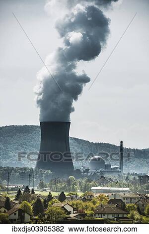 Stock Image - "Leibstadt Nuclear Power Plant and village, Leibstadt, Canton of Aargau, Switzerland, Europe". Fotosearch