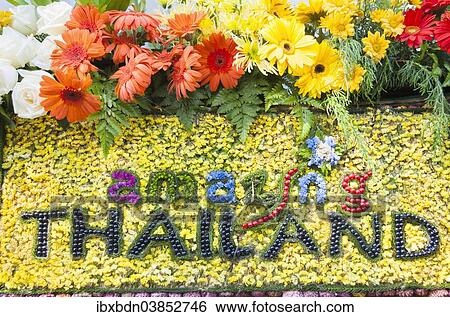 Stock Photograph - "Lettering """"amazing Thailand"""", detail of float at the annual flower festival, Chiang Mai, Thailand, Asia". Fotosearch