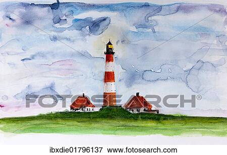 "Lighthouse, Westerheversand, North Sea, North Frisia, Schleswig-Holstein, northern Germany, painted in watercolours by Gerhard Kraus, Kriftel, Germany, Europe" View Large Photo Image Stock Photo - "Lighthouse, Westerheversand, North Sea, North Frisia, Schleswig-Holstein, northern Germany, painted in watercolours by Gerhard Kraus, Kriftel, Germany, Europe". Fotosearch