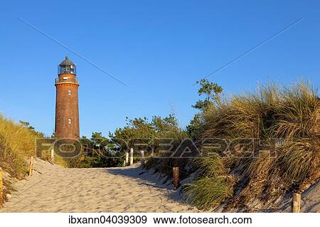 Stock Photo - "Lighthousehouse in Darsser Ort in the evening lighthouse, Western Pomerania Lagoon Area National Park, near Prerow, Darss, Mecklenburg-Western Pomerania, Baltic Sea, Germany, Europe". Fotosearch