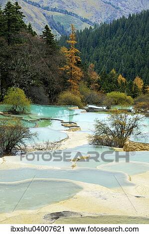"Lime terraces with lakes in autumnal environment, Huanglong National Park, Sichuan Province, China, Asia" View Large Photo Image Stock Image - "Lime terraces with lakes in autumnal environment, Huanglong National Park, Sichuan Province, China, Asia". Fotosearch